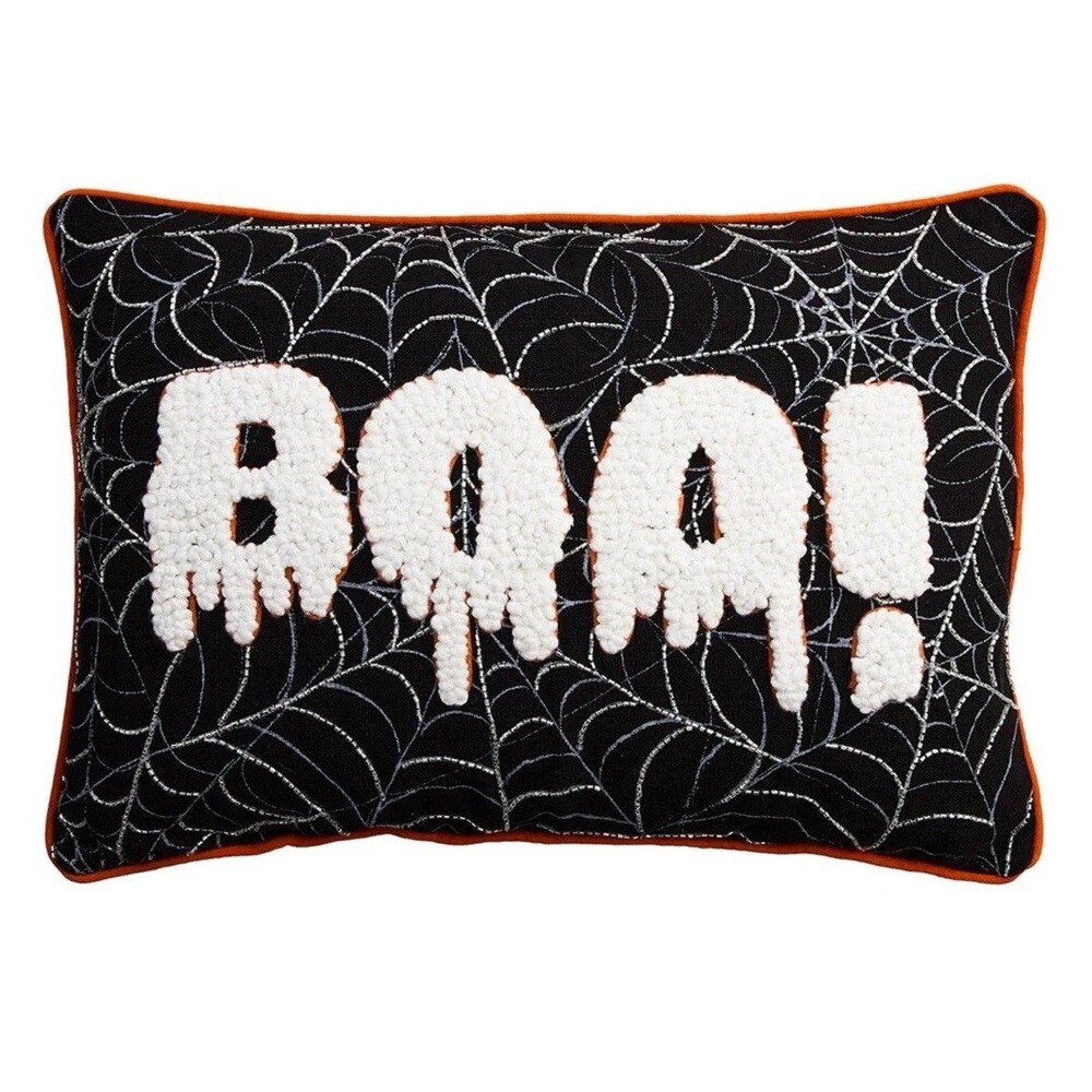 Halloween Boo Throw Pillow Accent Spider Web Sequin At Home NWOT